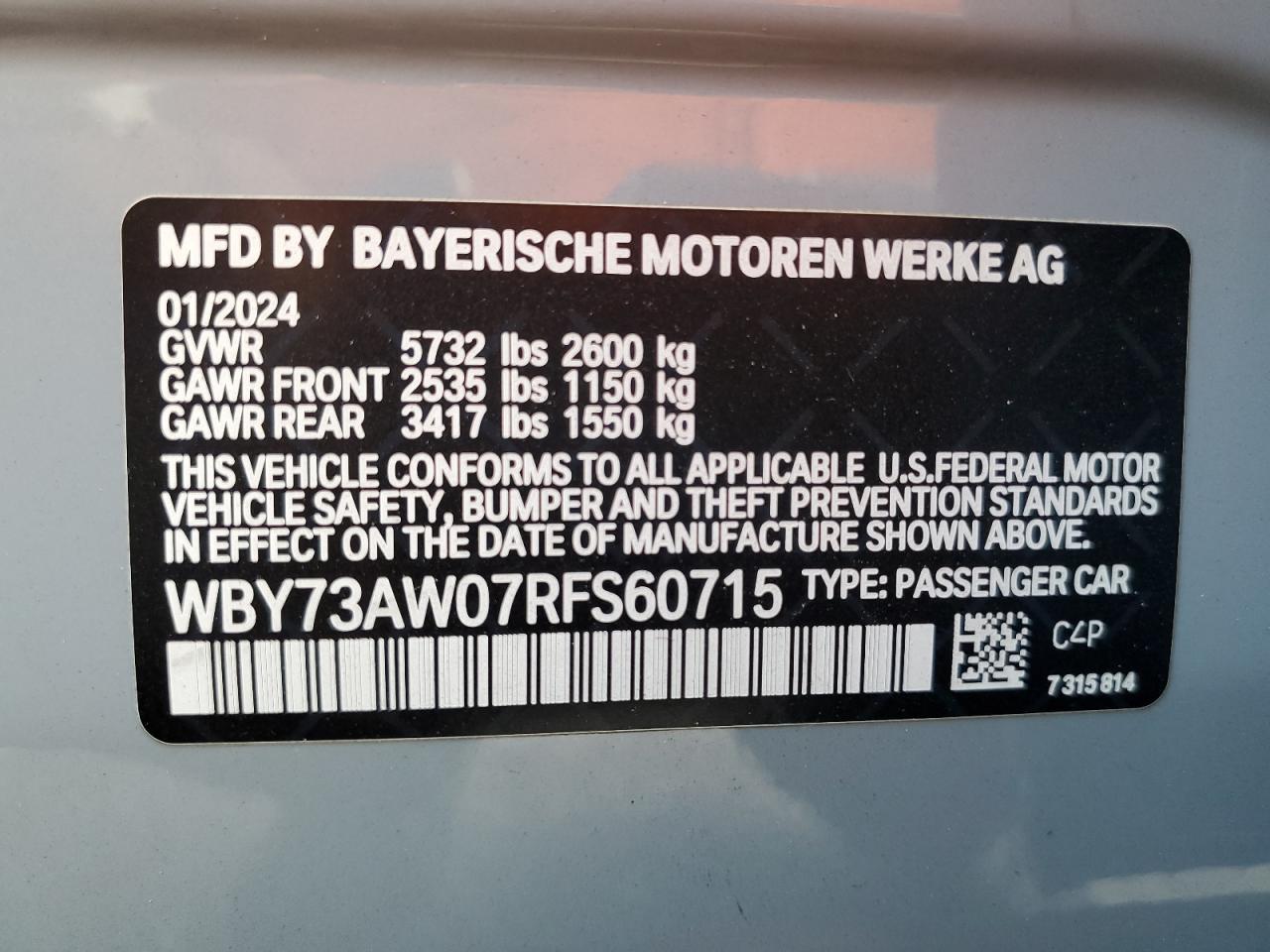 2024 BMW I4 EDRIVE 40 VIN:WBY73AW07RFS60715