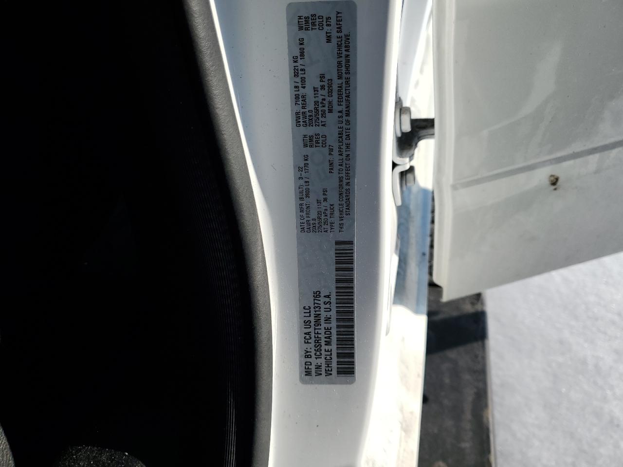 2022 RAM 1500 BIG HORN/LONE STAR VIN:1C6SRFFT9NN137765