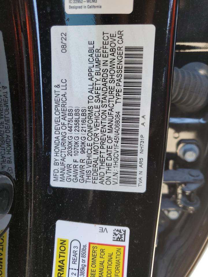 2022 HONDA ACCORD SPORT SE VIN:1HGCV1F45NA068084