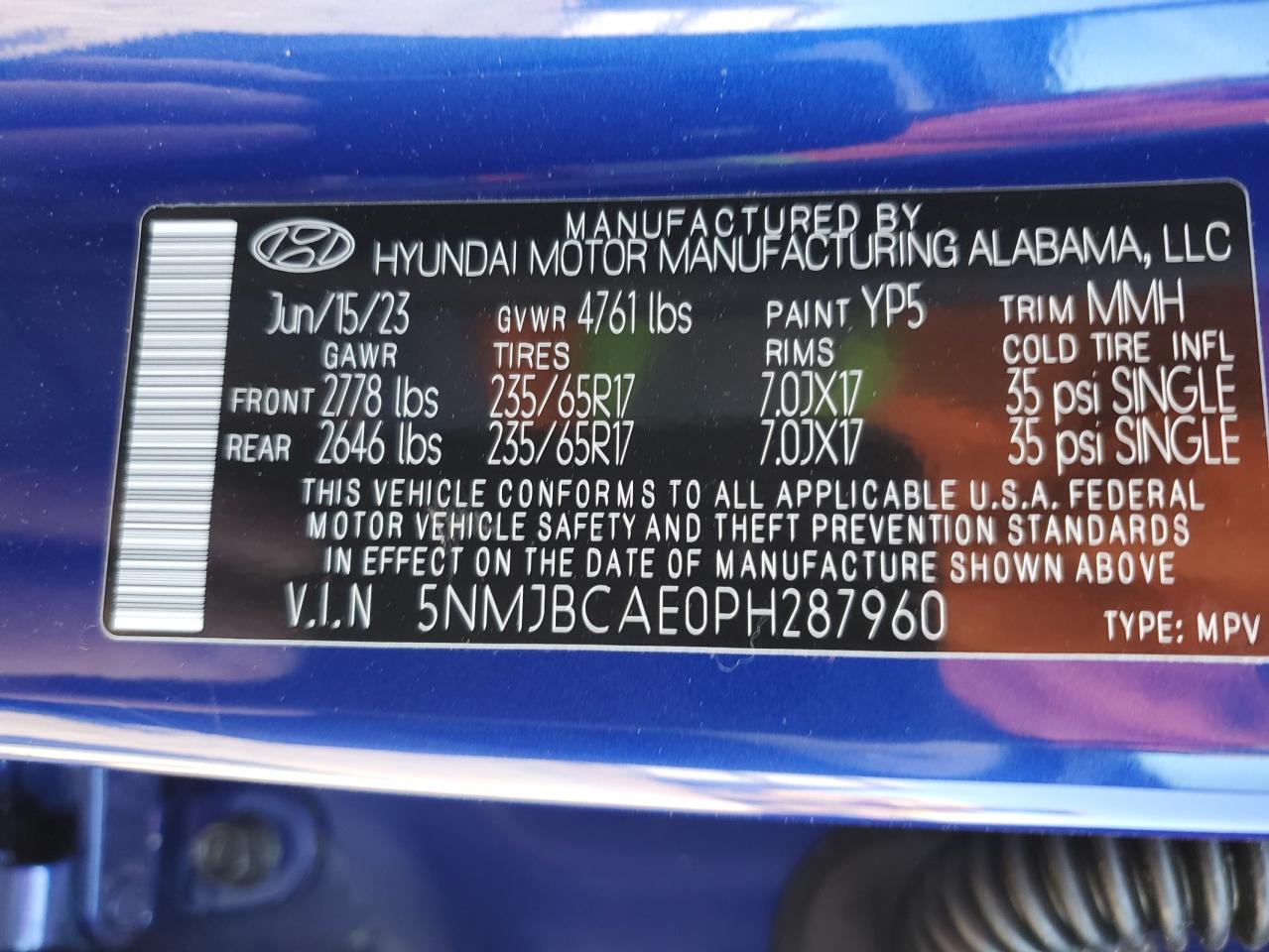 2023 HYUNDAI TUCSON SEL VIN:5NMJBCAE0PH287960