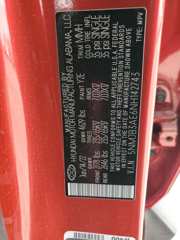 2022 HYUNDAI TUCSON SEL VIN:5NMJB3AE6NH142743