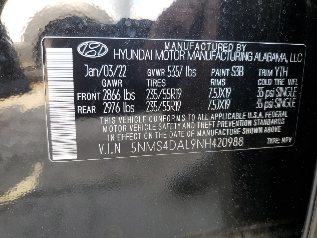 2022 HYUNDAI SANTA FE LIMITED VIN:5NMS4DAL9NH420988