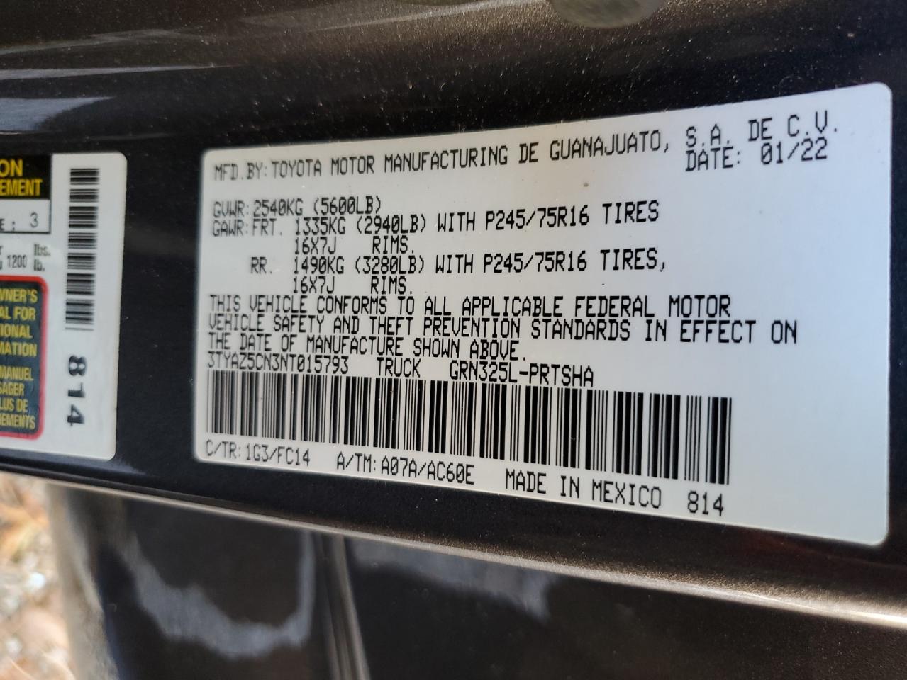 2022 TOYOTA TACOMA DOUBLE CAB VIN:3TYAZ5CN3NT015793