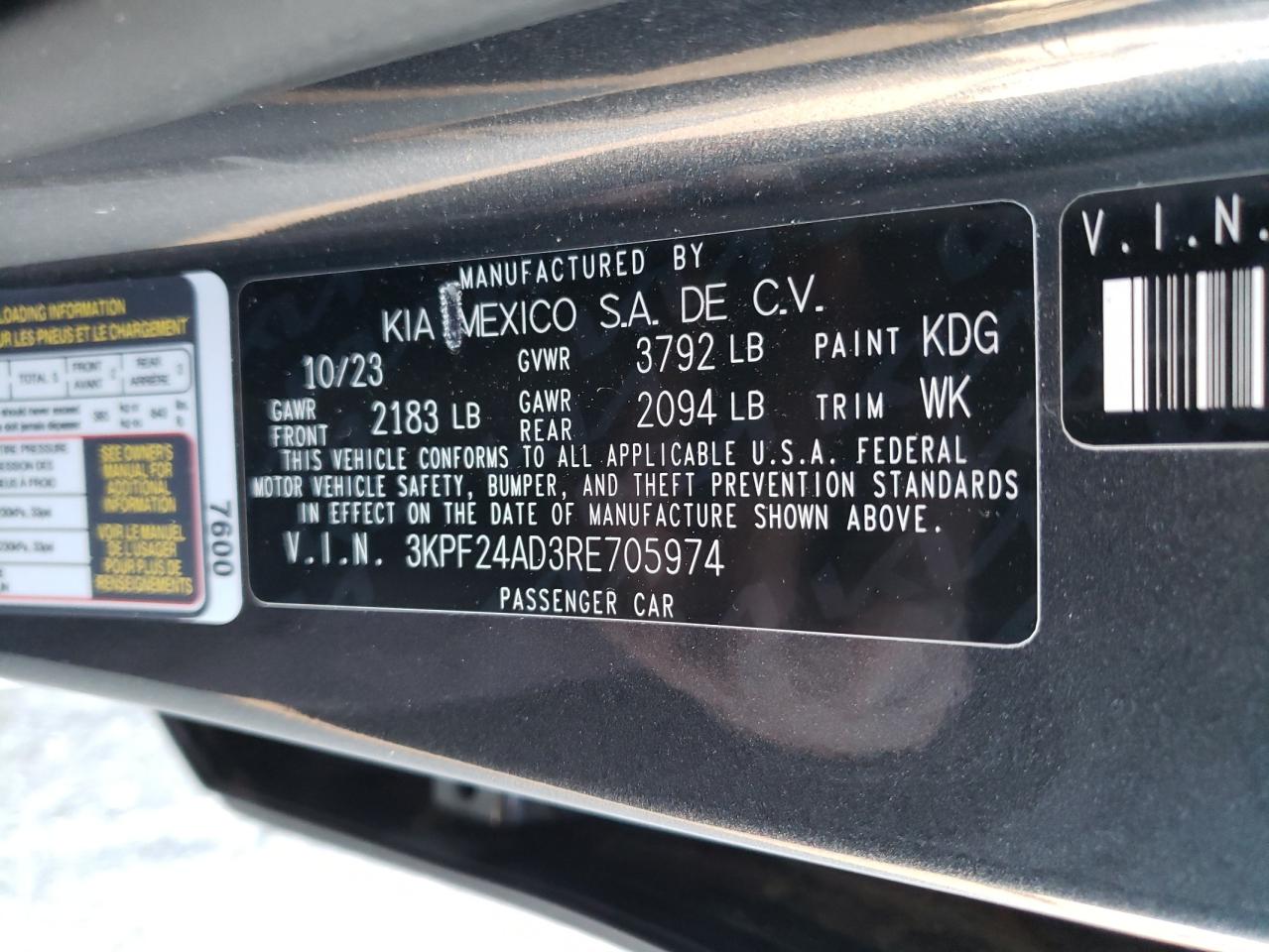 2024 KIA FORTE LX VIN:3KPF24AD3RE705974