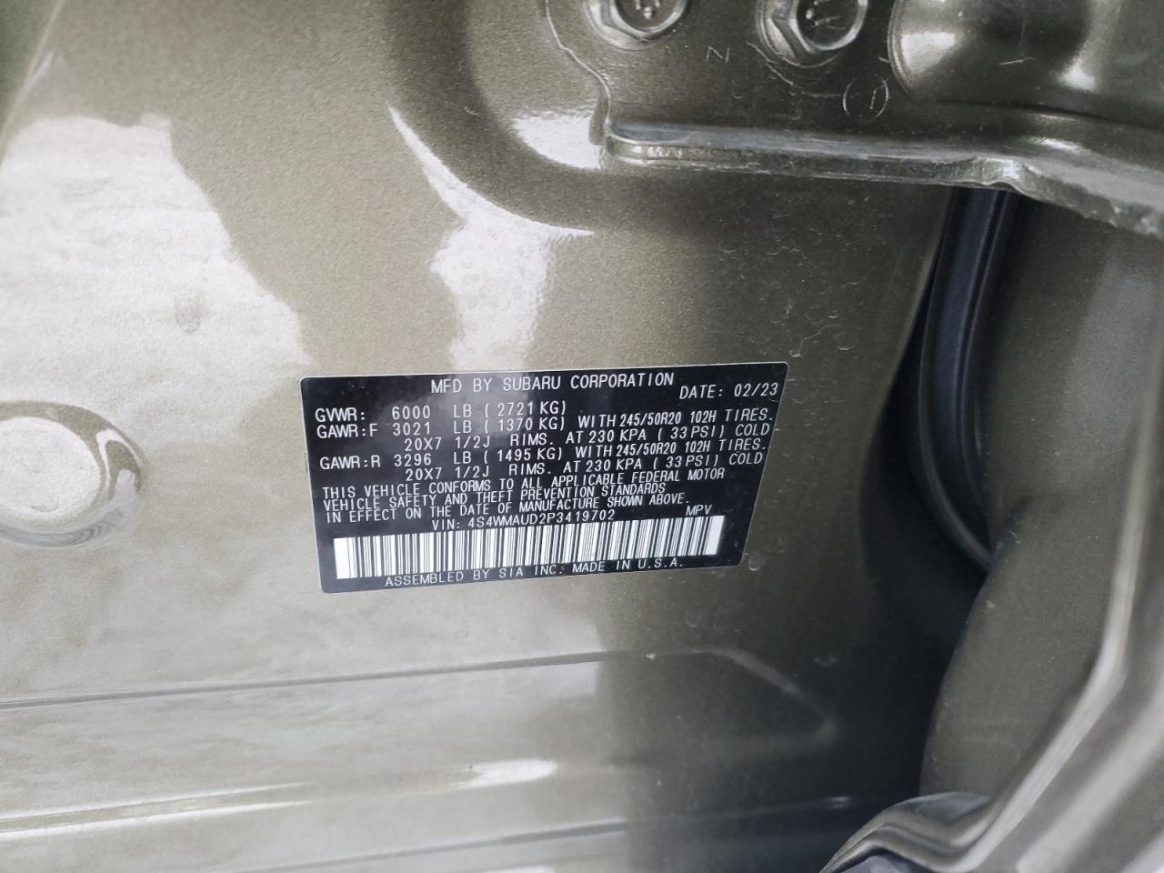 2023 SUBARU ASCENT LIMITED VIN:4S4WMAUD2P3419702