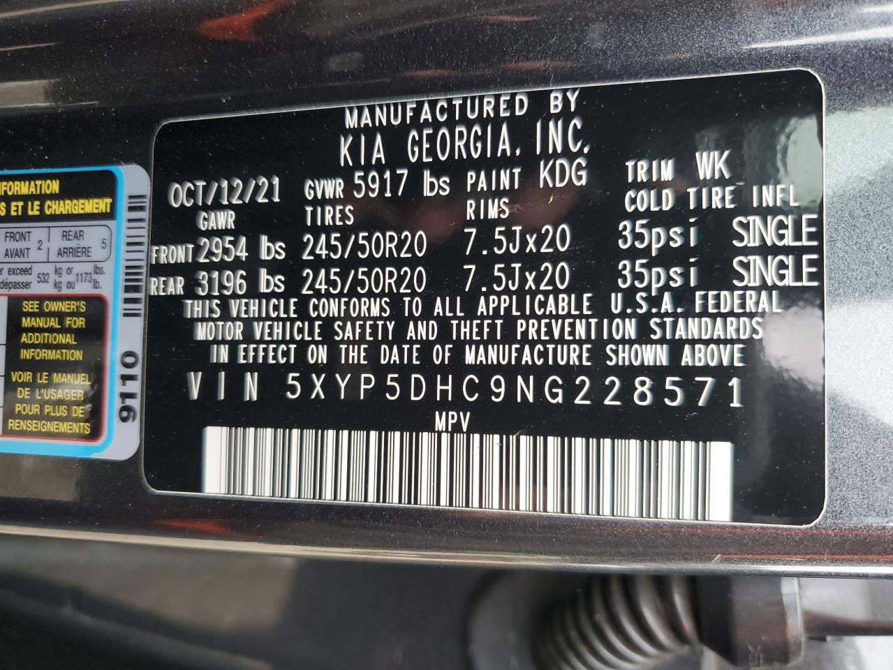 2022 KIA TELLURIDE SX VIN:5XYP5DHC9NG228571
