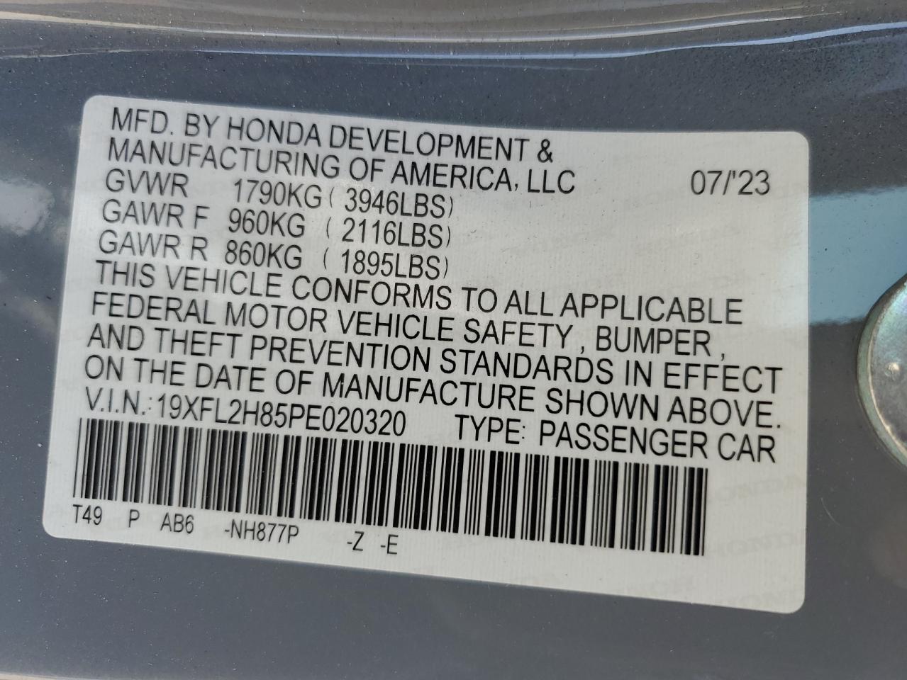 2023 HONDA CIVIC SPORT VIN:19XFL2H85PE020320