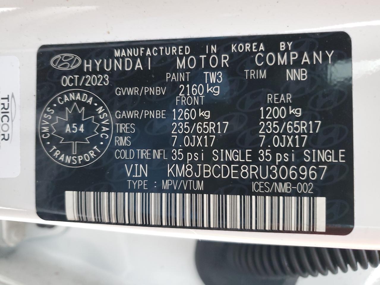 2024 HYUNDAI TUCSON SEL VIN:KM8JBCDE8RU306967