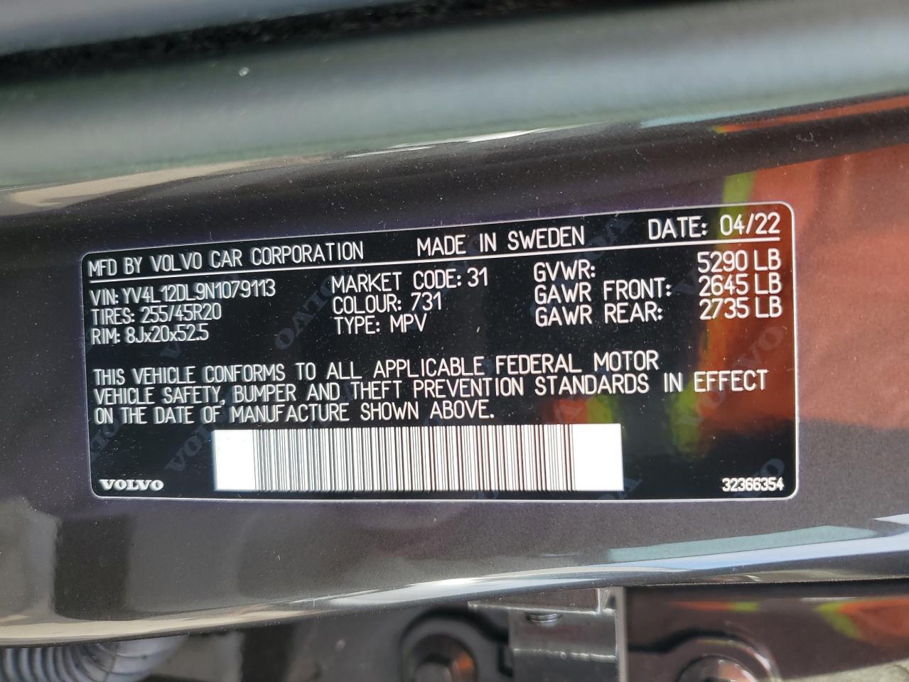 2022 VOLVO XC60 B5 INSCRIPTION VIN:YV4L12DL9N1079113