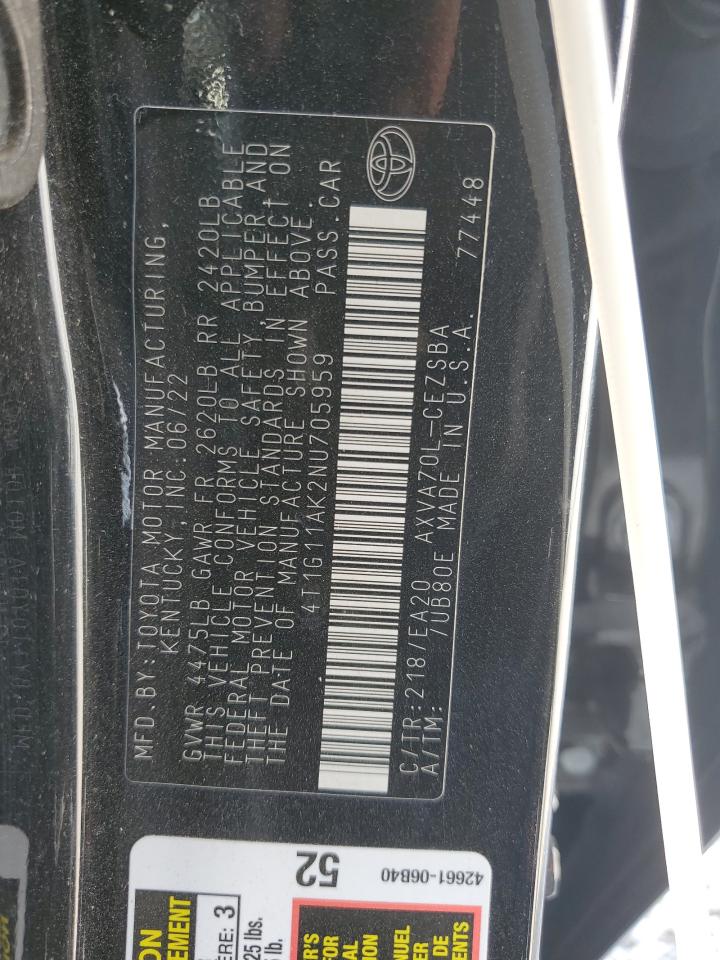 2022 TOYOTA CAMRY SE VIN:4T1G11AK2NU705959