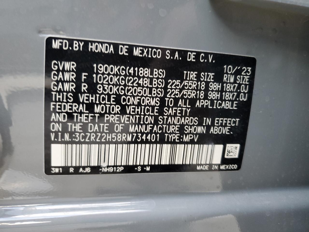 2024 HONDA HR-V SPORT VIN:3CZRZ2H58RM734401