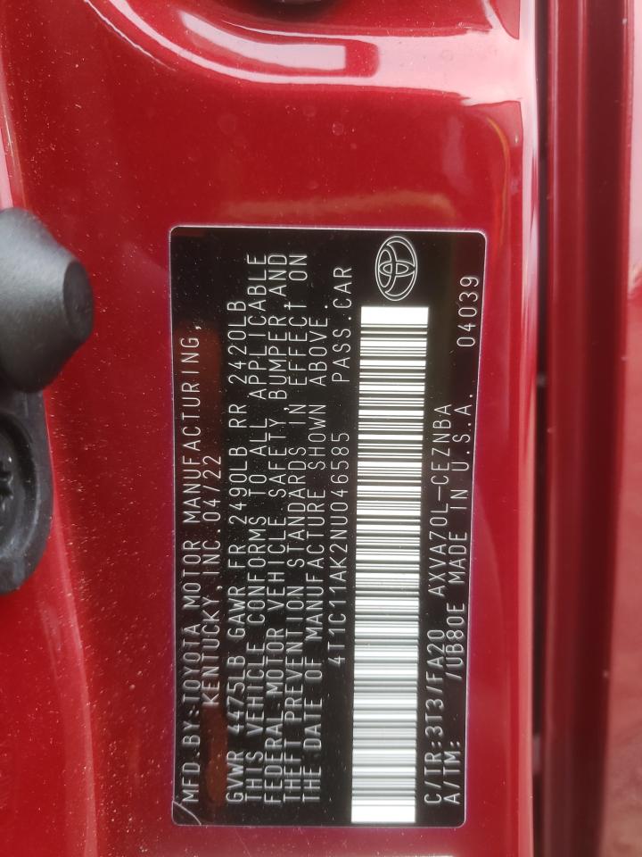 2022 TOYOTA CAMRY LE VIN:4T1C11AK2NU046585