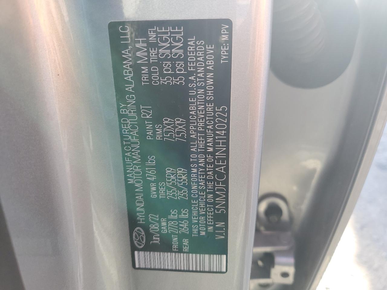 2022 HYUNDAI TUCSON SEL VIN:5NMJFCAE1NH140225