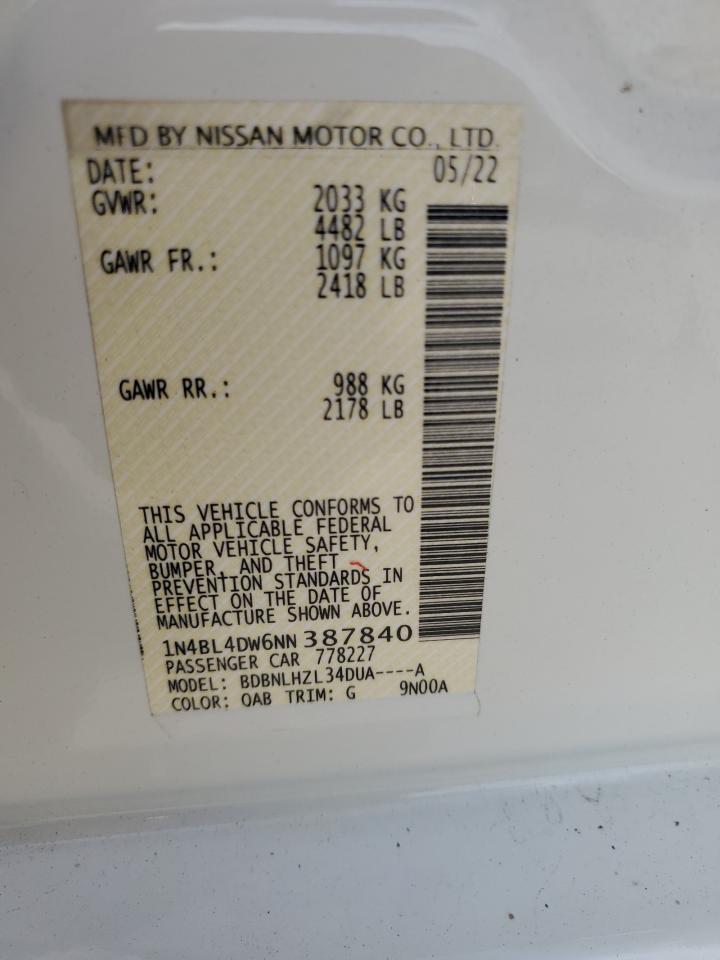 2022 NISSAN ALTIMA SV VIN:1N4BL4DW6NN387840