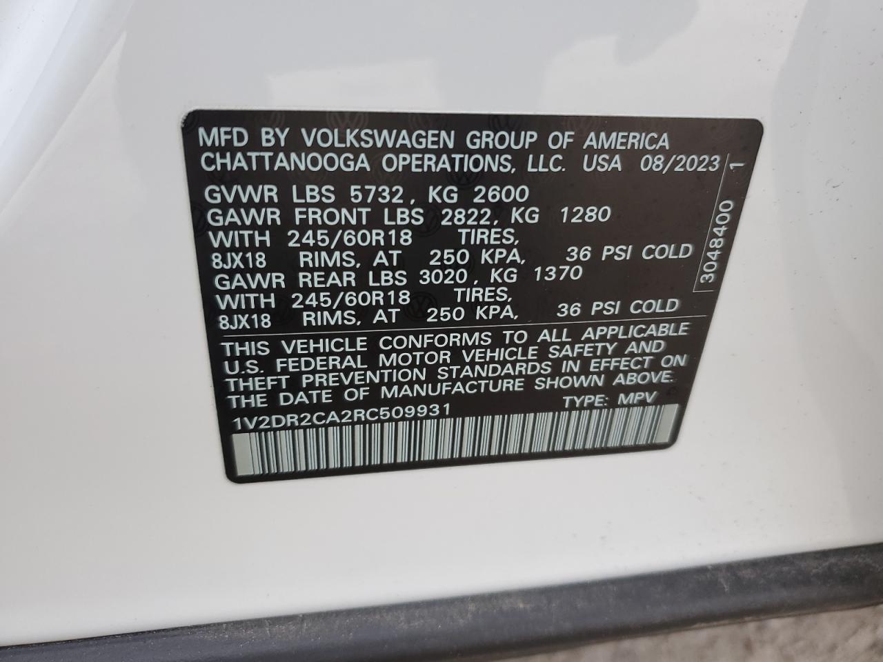 2024 VOLKSWAGEN ATLAS SE VIN:1V2DR2CA2RC509931