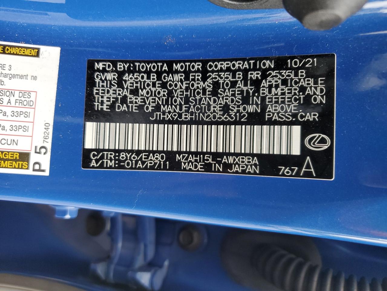 2022 LEXUS UX 250H BASE VIN:JTHX9JBH1N2056312