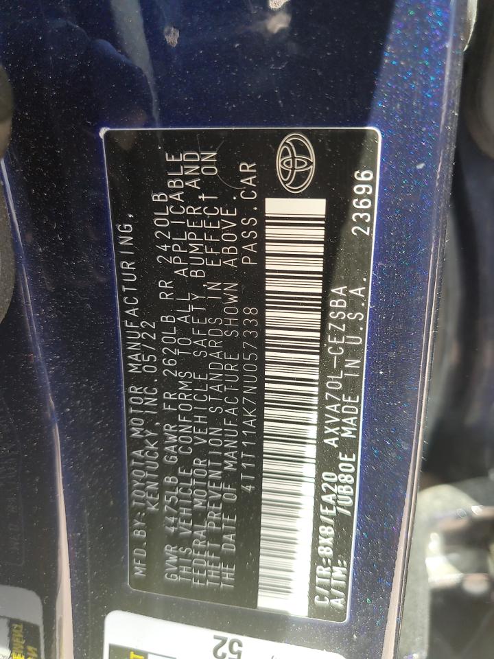 2022 TOYOTA CAMRY SE VIN:4T1T11AK7NU057338