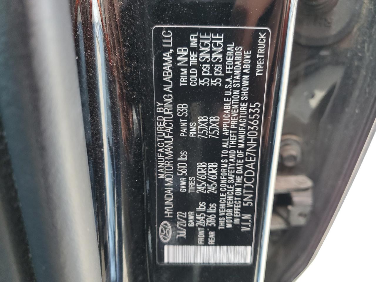 2022 HYUNDAI SANTA CRUZ SEL VIN:5NTJCDAE7NH036535