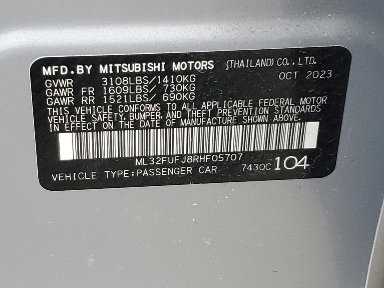 2024 MITSUBISHI MIRAGE G4 ES VIN:ML32FUFJ8RHF05707