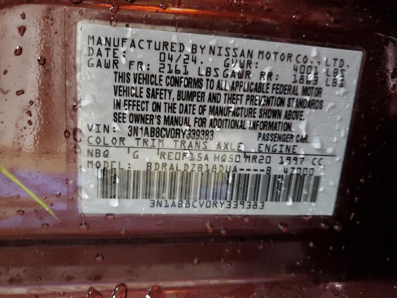 2024 NISSAN SENTRA SV VIN:3N1AB8CV0RY339383
