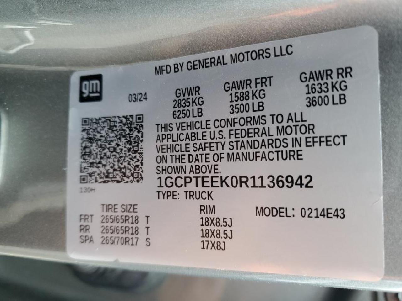 2024 CHEVROLET COLORADO TRAIL BOSS VIN:1GCPTEEK0R1136942