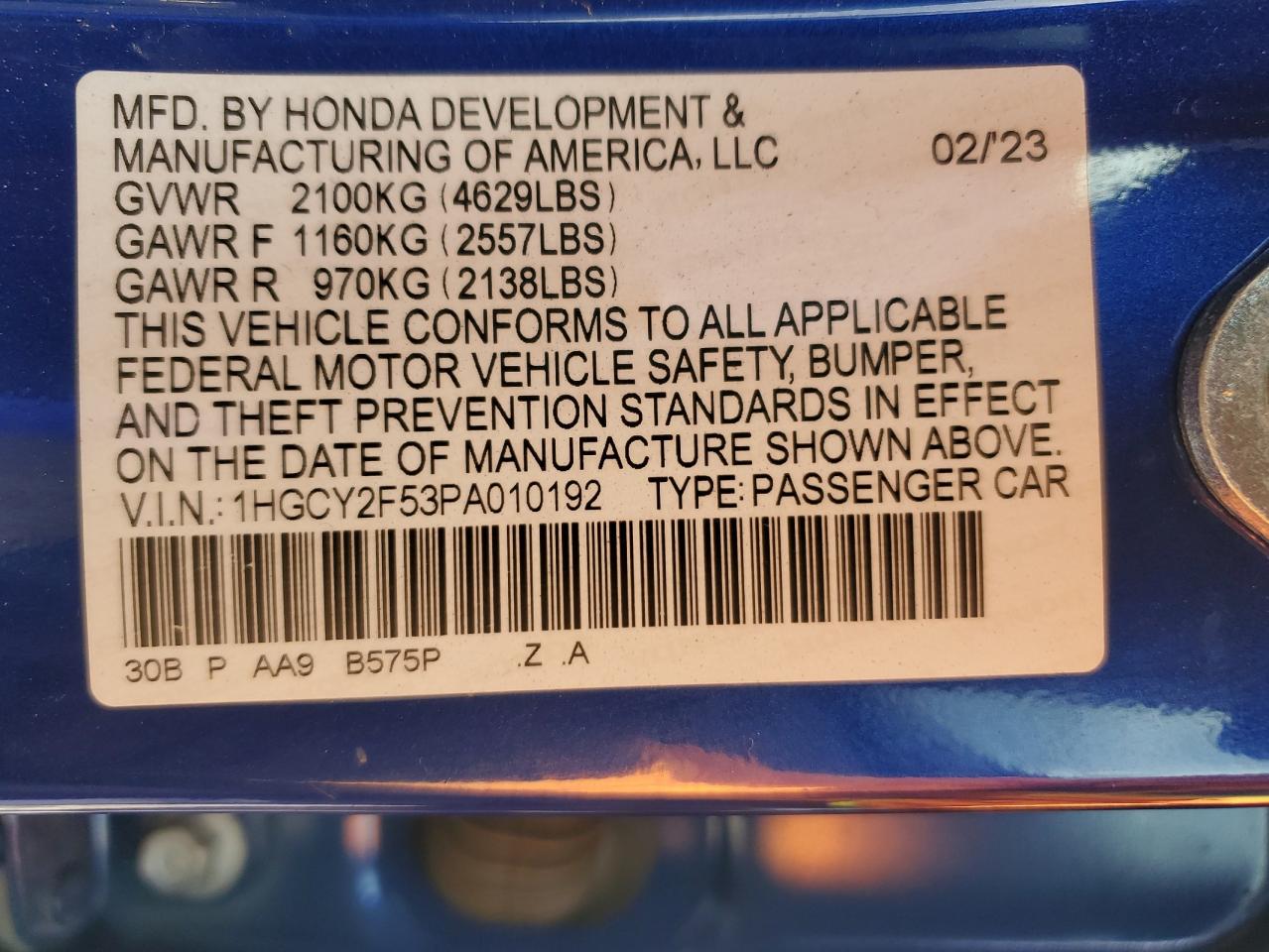 2023 HONDA ACCORD HYBRID SPORT VIN:1HGCY2F53PA010192