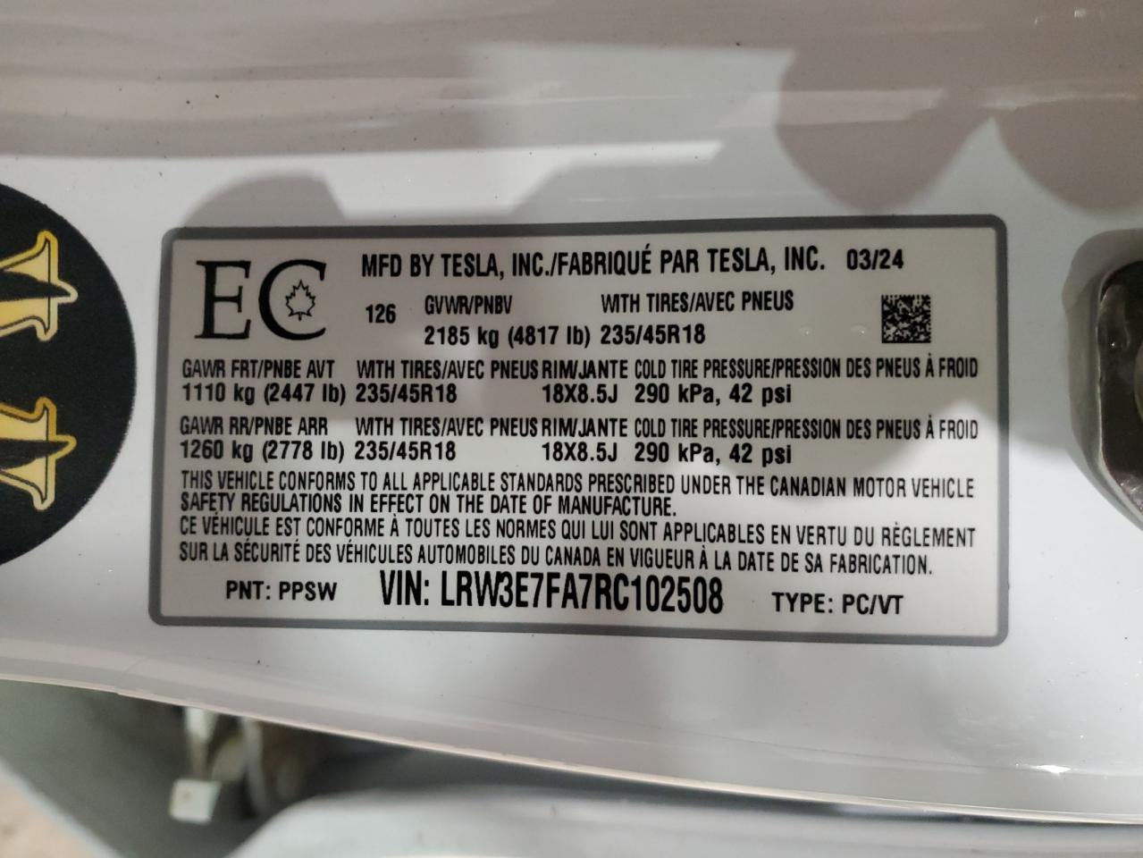 2024 TESLA MODEL 3  VIN:LRW3E7FA7RC102508
