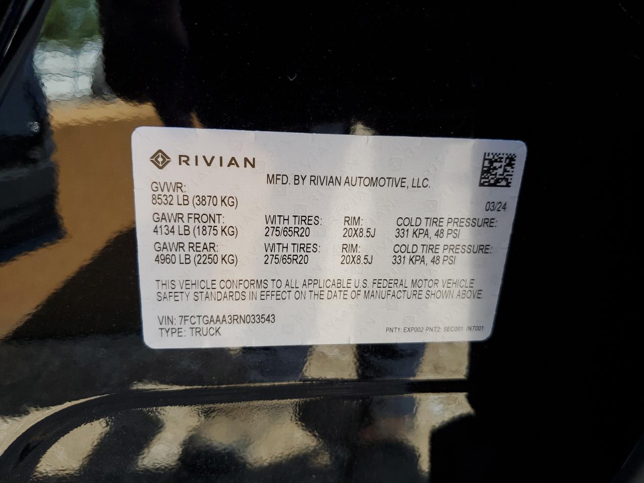 2024 RIVIAN R1T ADVENTURE VIN:7FCTGAAA3RN033543