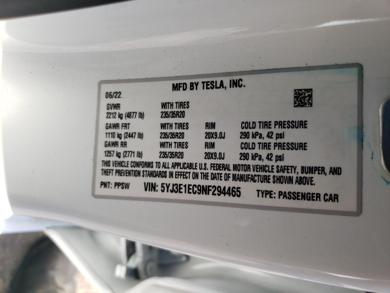 2022 TESLA MODEL 3  VIN:5YJ3E1EC9NF294465