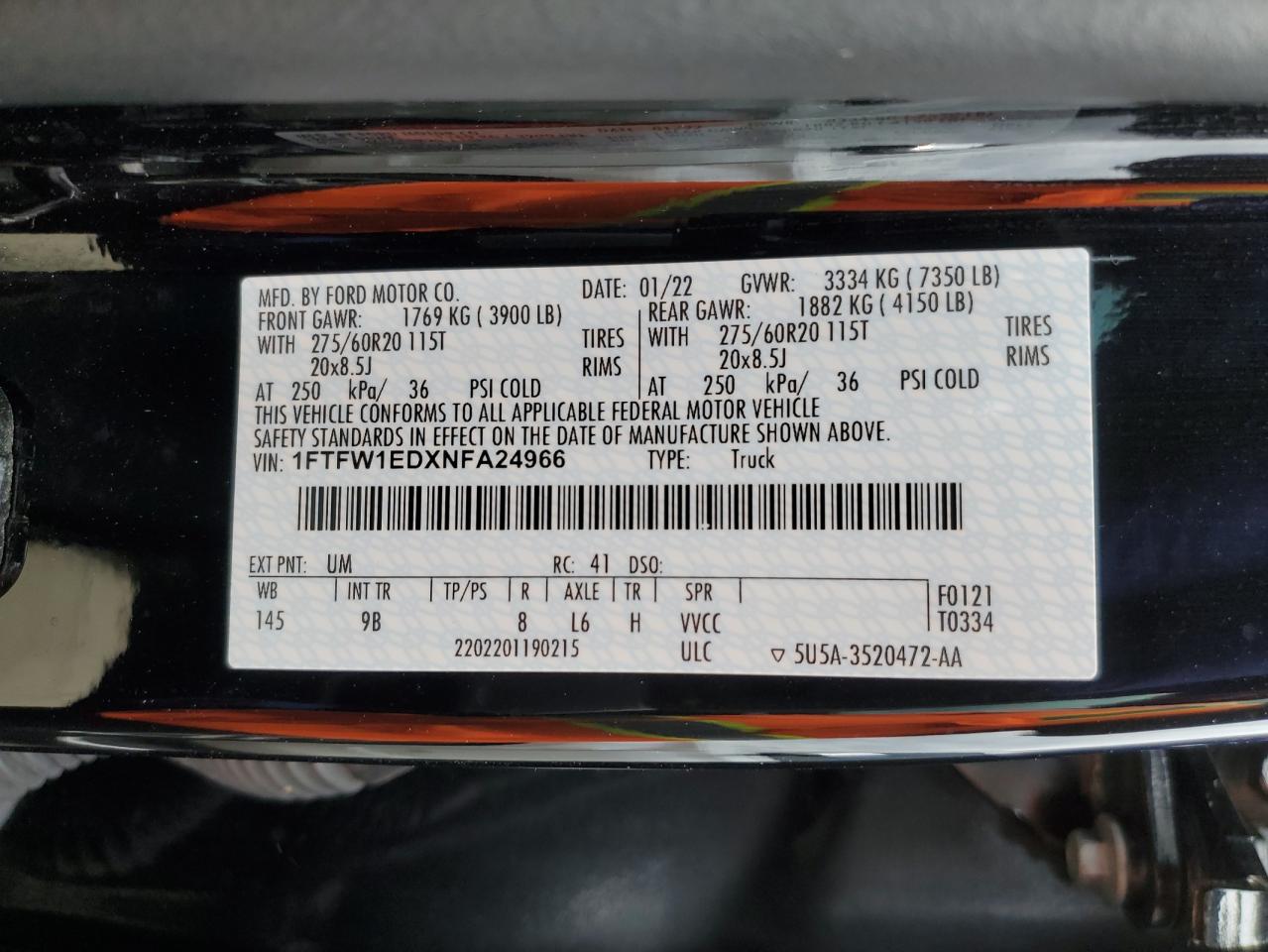 2022 FORD F150 SUPERCREW VIN:1FTFW1EDXNFA24966