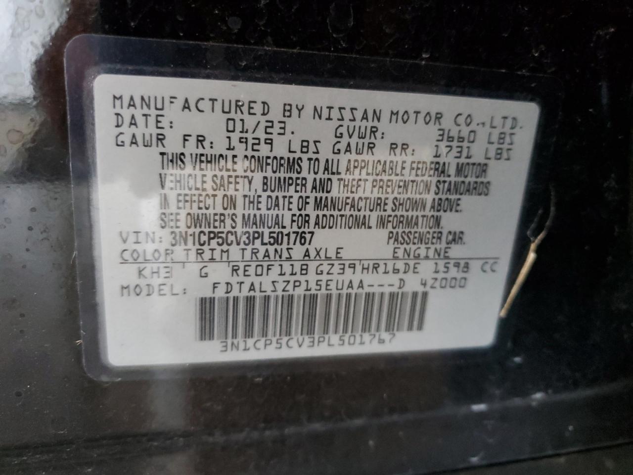 2023 NISSAN KICKS SV VIN:3N1CP5CV3PL501767