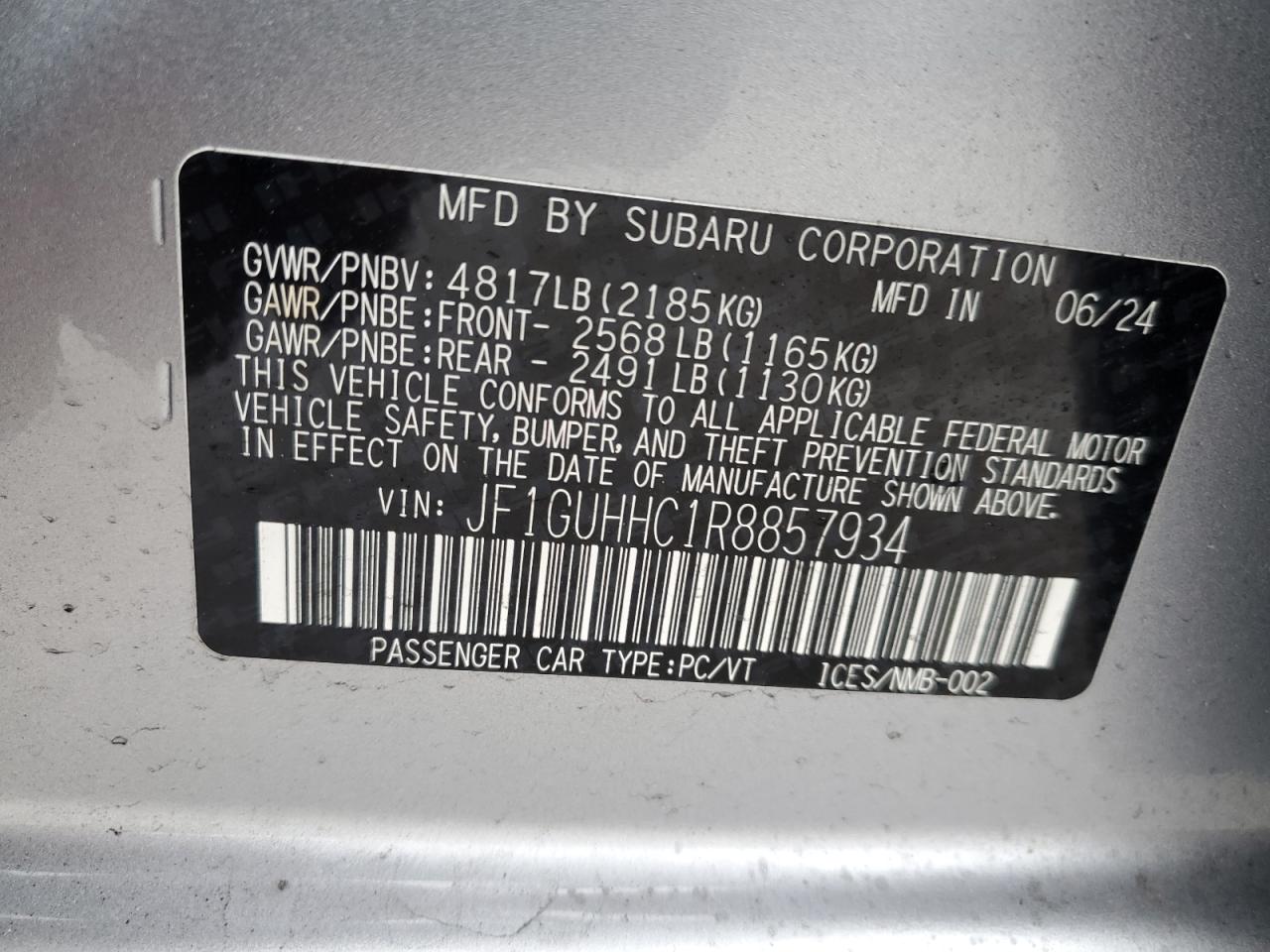 2024 SUBARU IMPREZA RS VIN:JF1GUHHC1R8857934