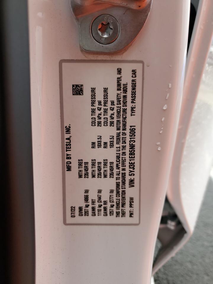 2022 TESLA MODEL 3  VIN:5YJ3E1EB5NF315061