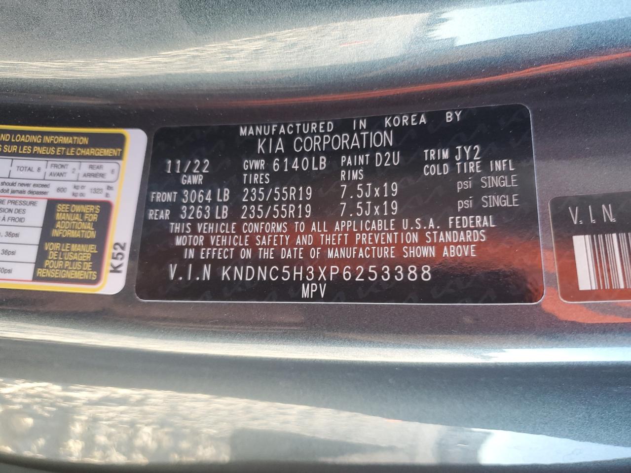 2023 KIA CARNIVAL EX VIN:KNDNC5H3XP6253388