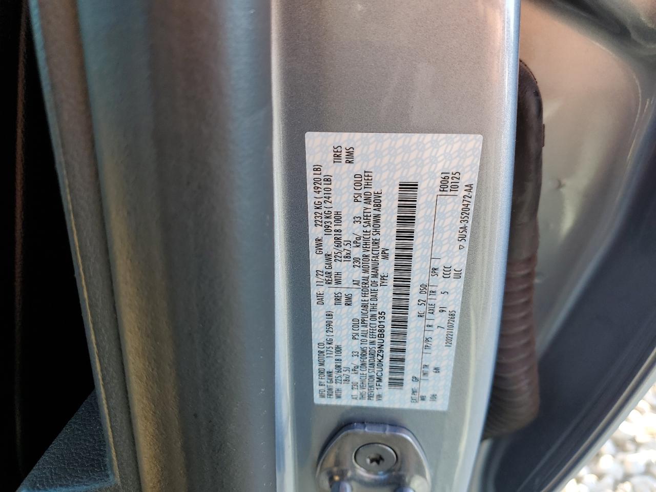 2022 FORD ESCAPE SEL VIN:1FMCU0KZ9NUB80135