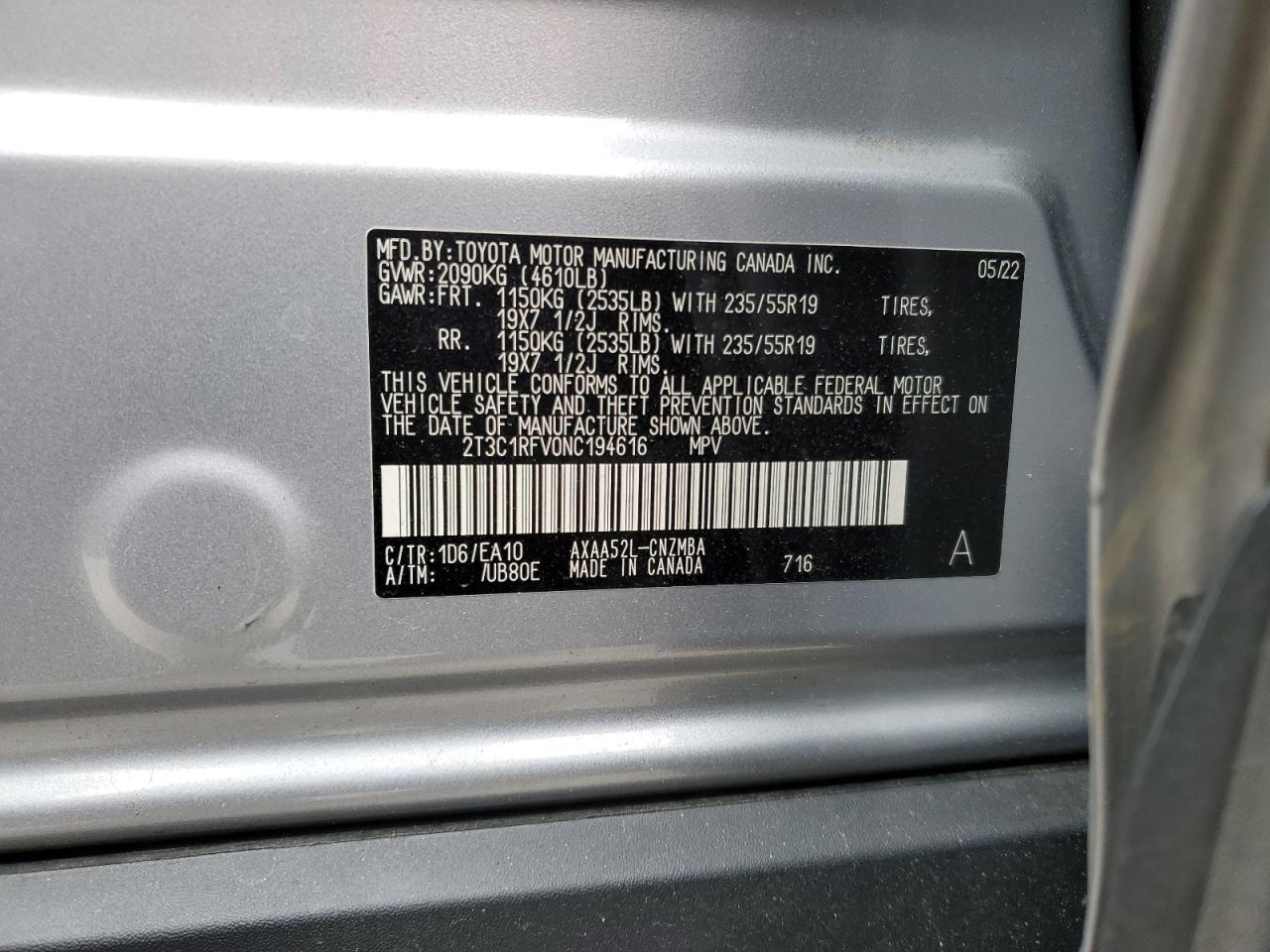 2022 TOYOTA RAV4 XLE PREMIUM VIN:2T3C1RFV0NC194616