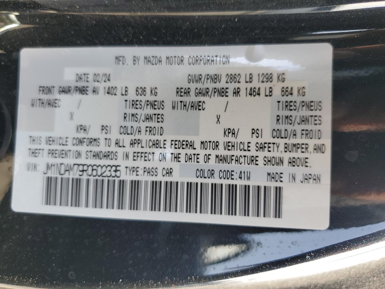2024 MAZDA MX-5 MIATA GRAND TOURING VIN:JM1NDAM79R0602335