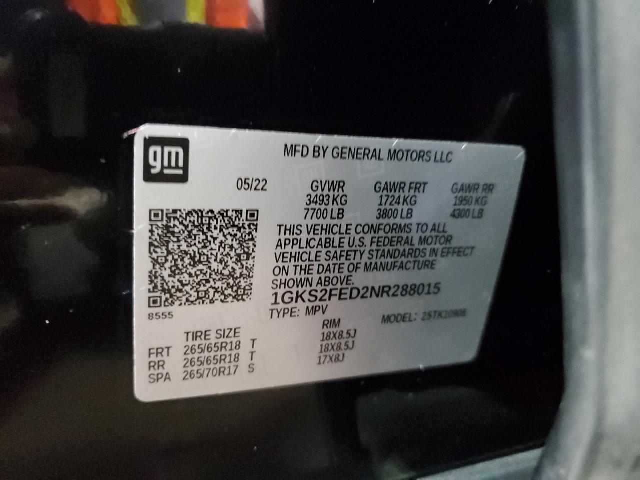 2022 GMC YUKON XL K1500 SLE VIN:1GKS2FED2NR288015