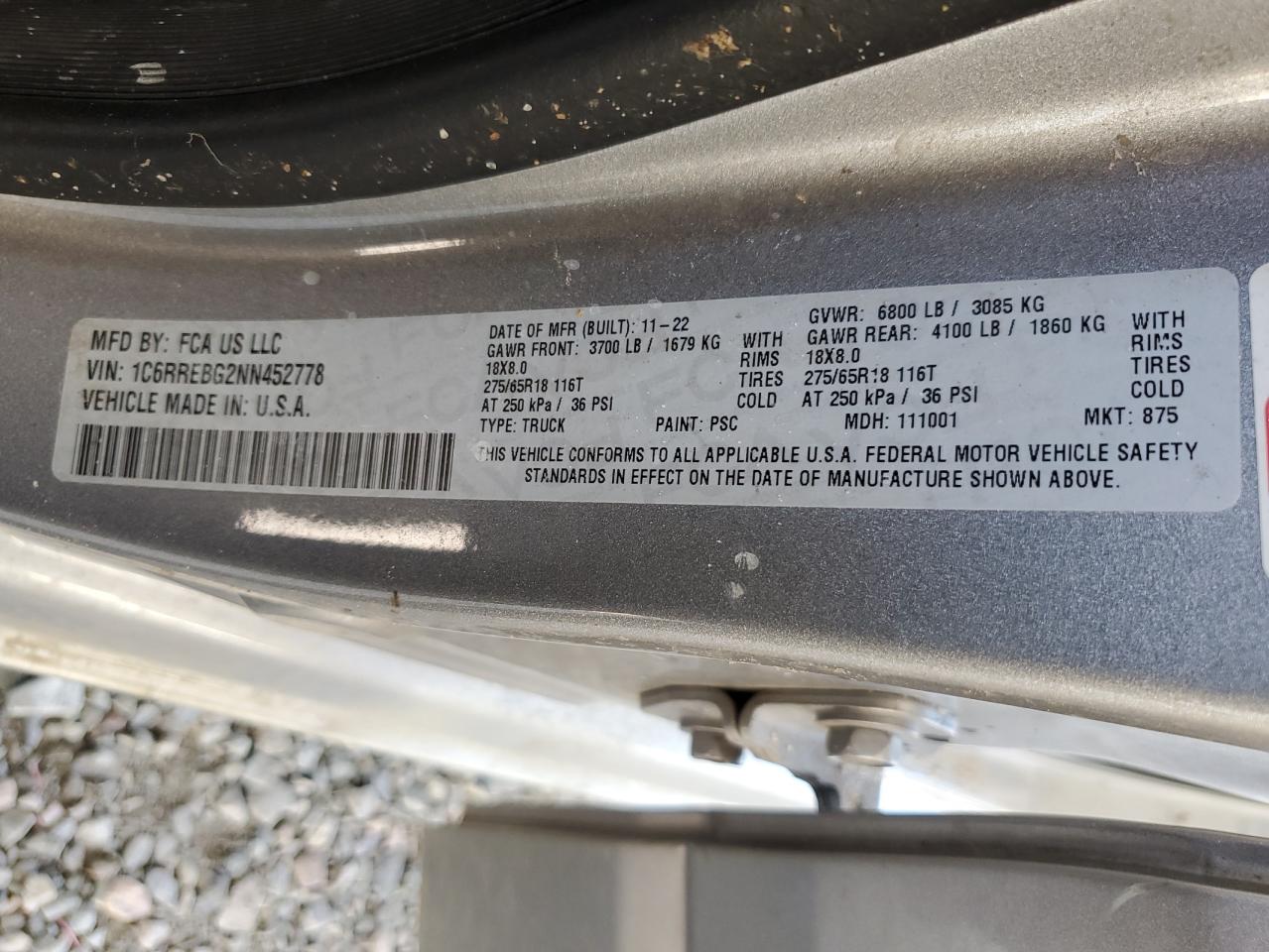 2022 RAM 1500 BIG HORN/LONE STAR VIN:1C6RREBG2NN452778