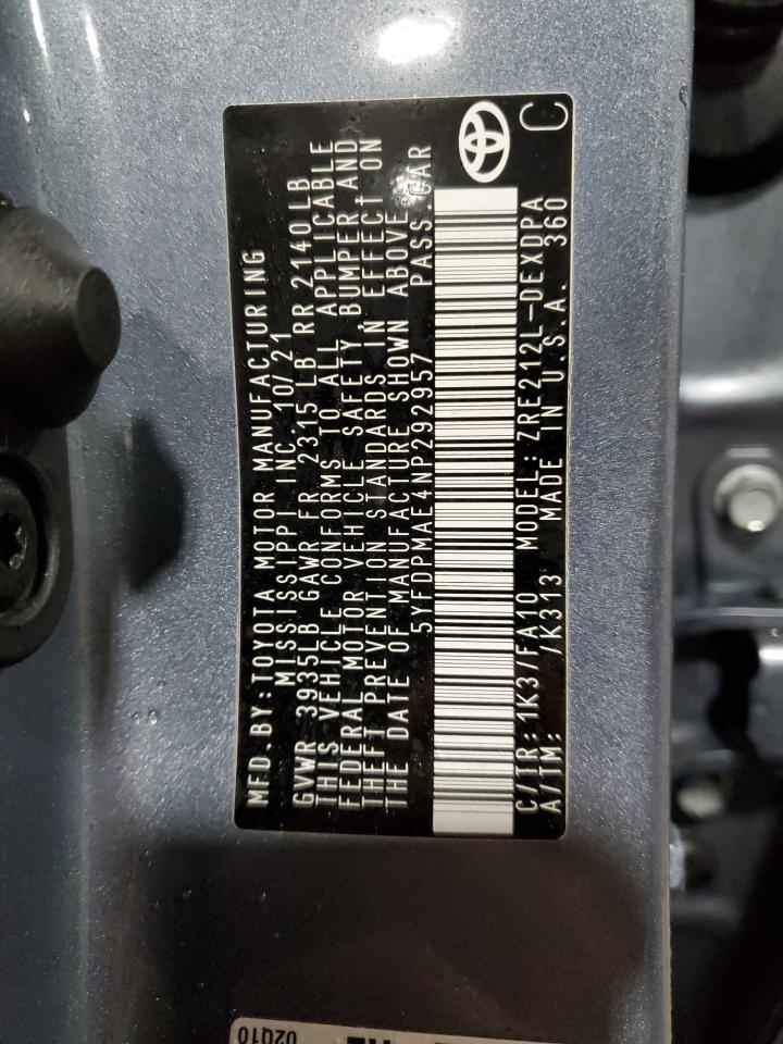 2022 TOYOTA COROLLA L VIN:5YFDPMAE4NP292957