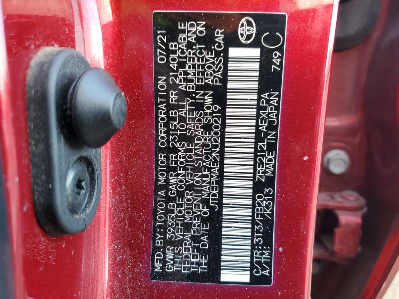 2022 TOYOTA COROLLA LE VIN:JTDEPMAE2NJ200219