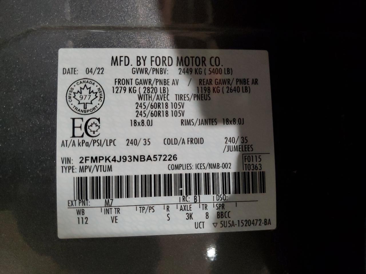 2022 FORD EDGE SEL VIN:2FMPK4J93NBA57226