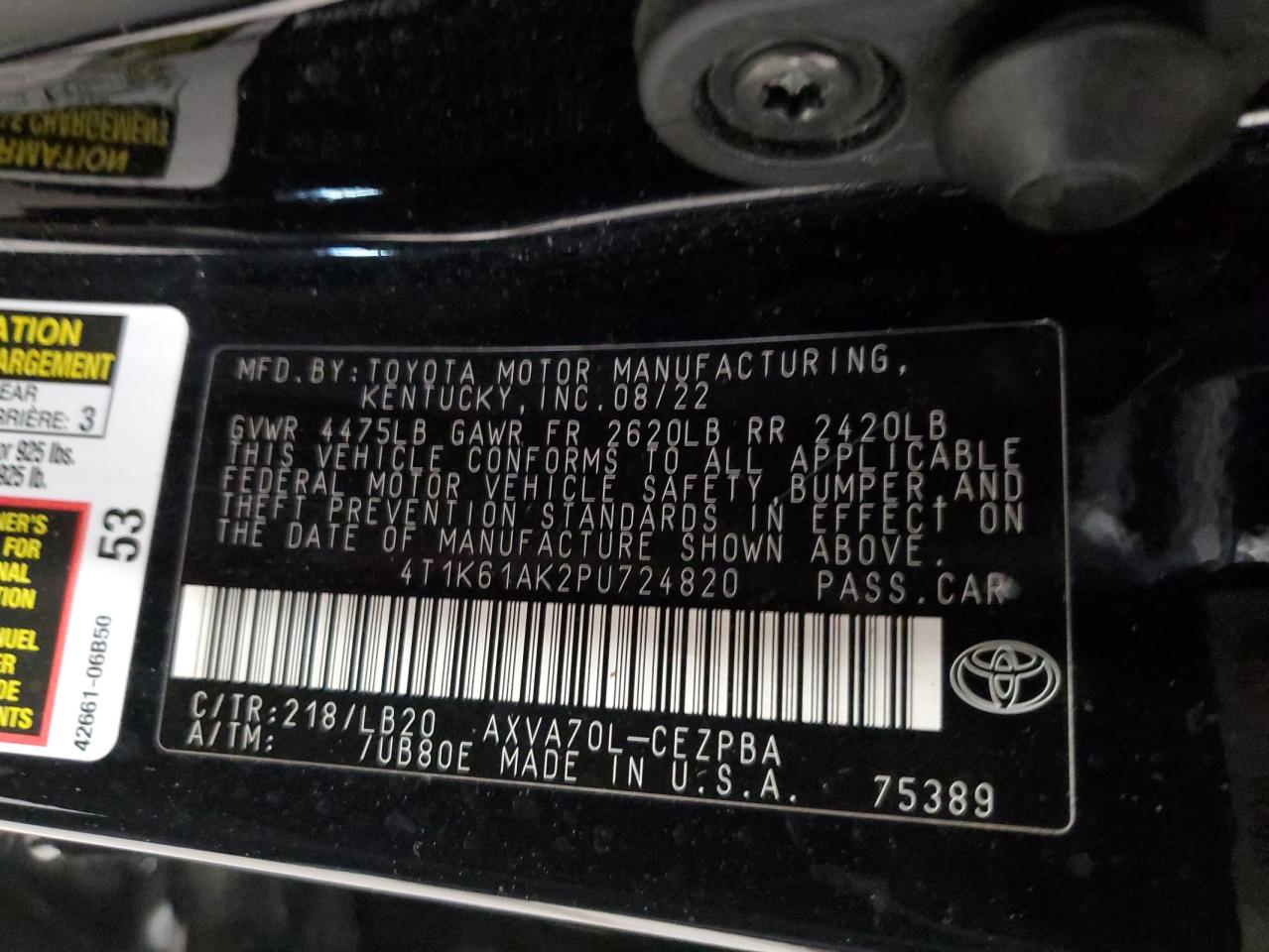 2023 TOYOTA CAMRY XSE VIN:4T1K61AK2PU724820