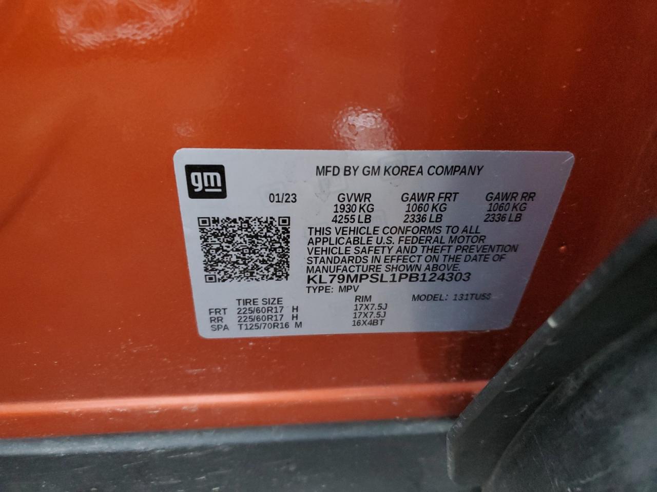 2023 CHEVROLET TRAILBLAZER LT VIN:KL79MPSL1PB124303