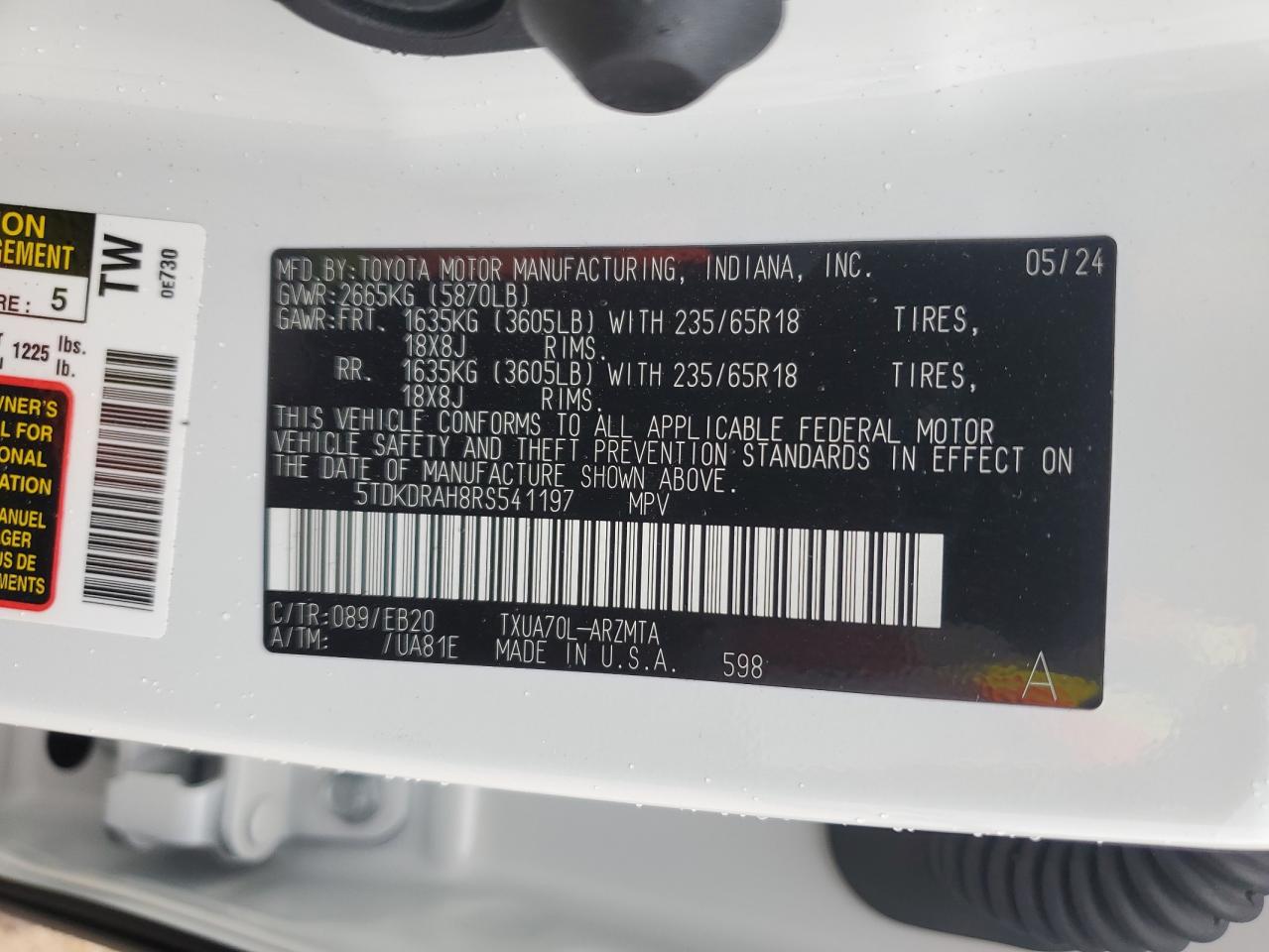 2024 TOYOTA HIGHLANDER LE VIN:5TDKDRAH8RS541197