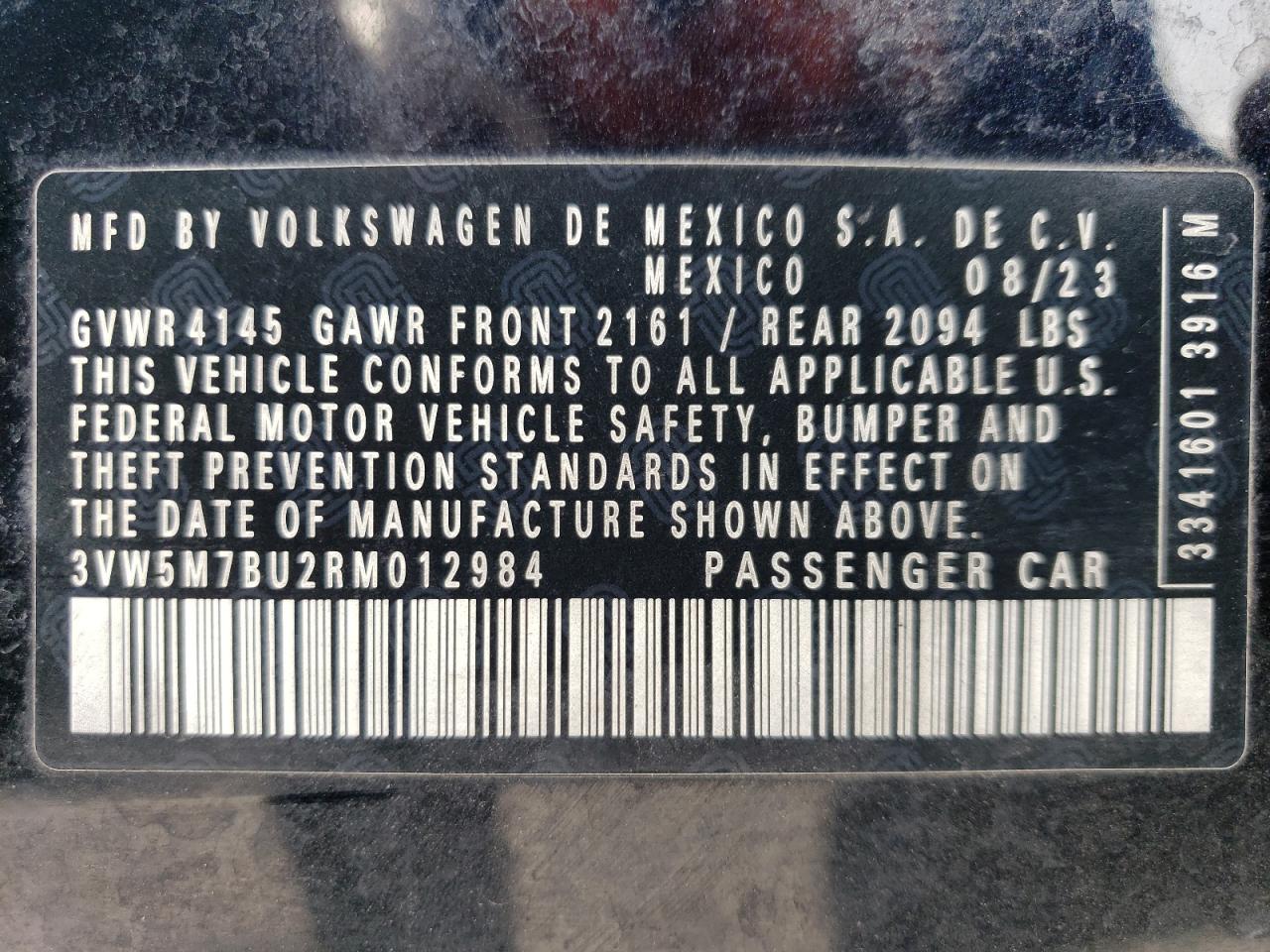 2024 VOLKSWAGEN JETTA S VIN:3VW5M7BU2RM012984