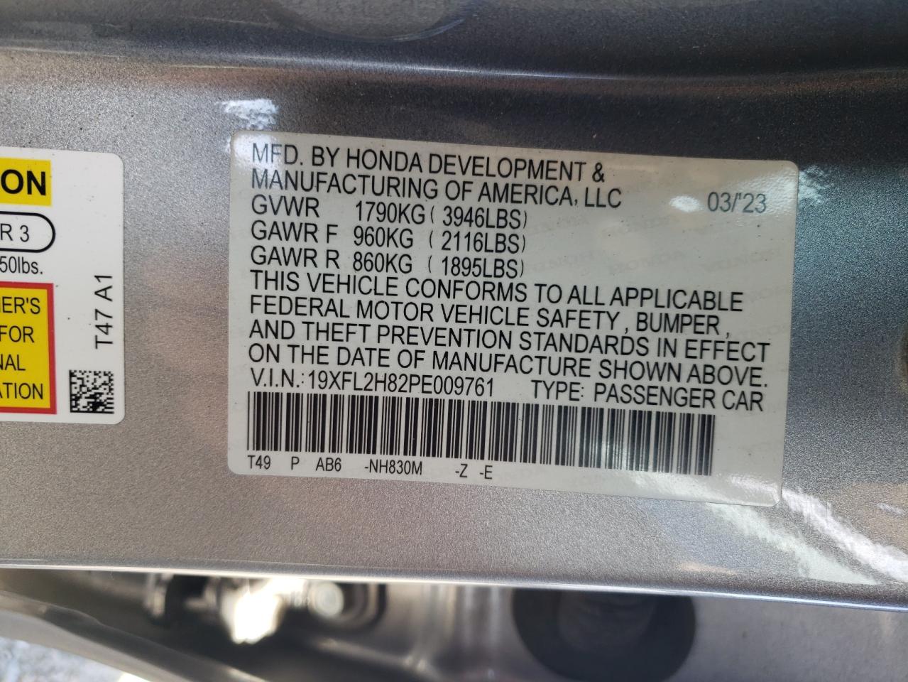 2023 HONDA CIVIC SPORT VIN:19XFL2H82PE009761