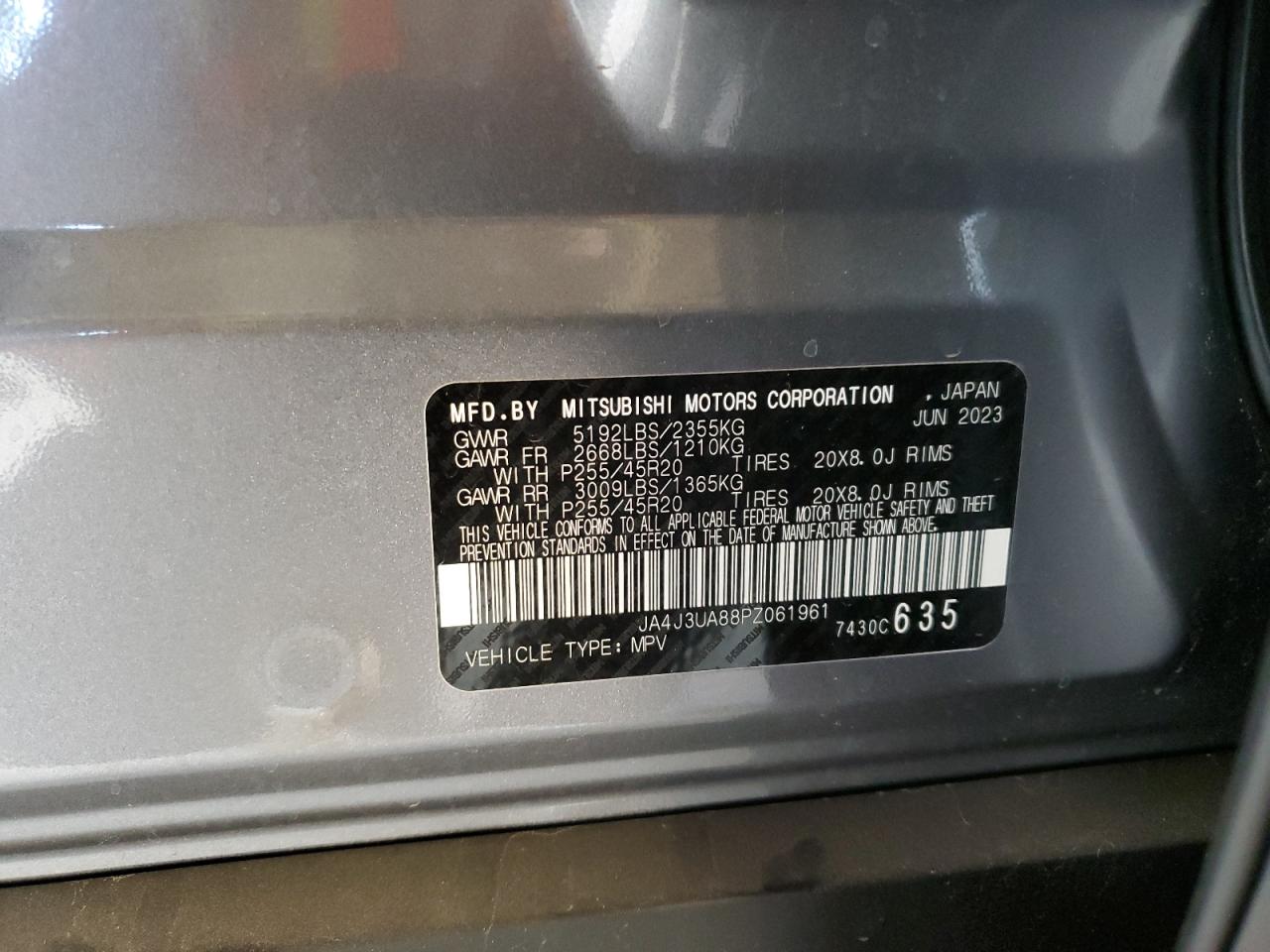 2023 MITSUBISHI OUTLANDER SE VIN:JA4J3UA88PZ061961