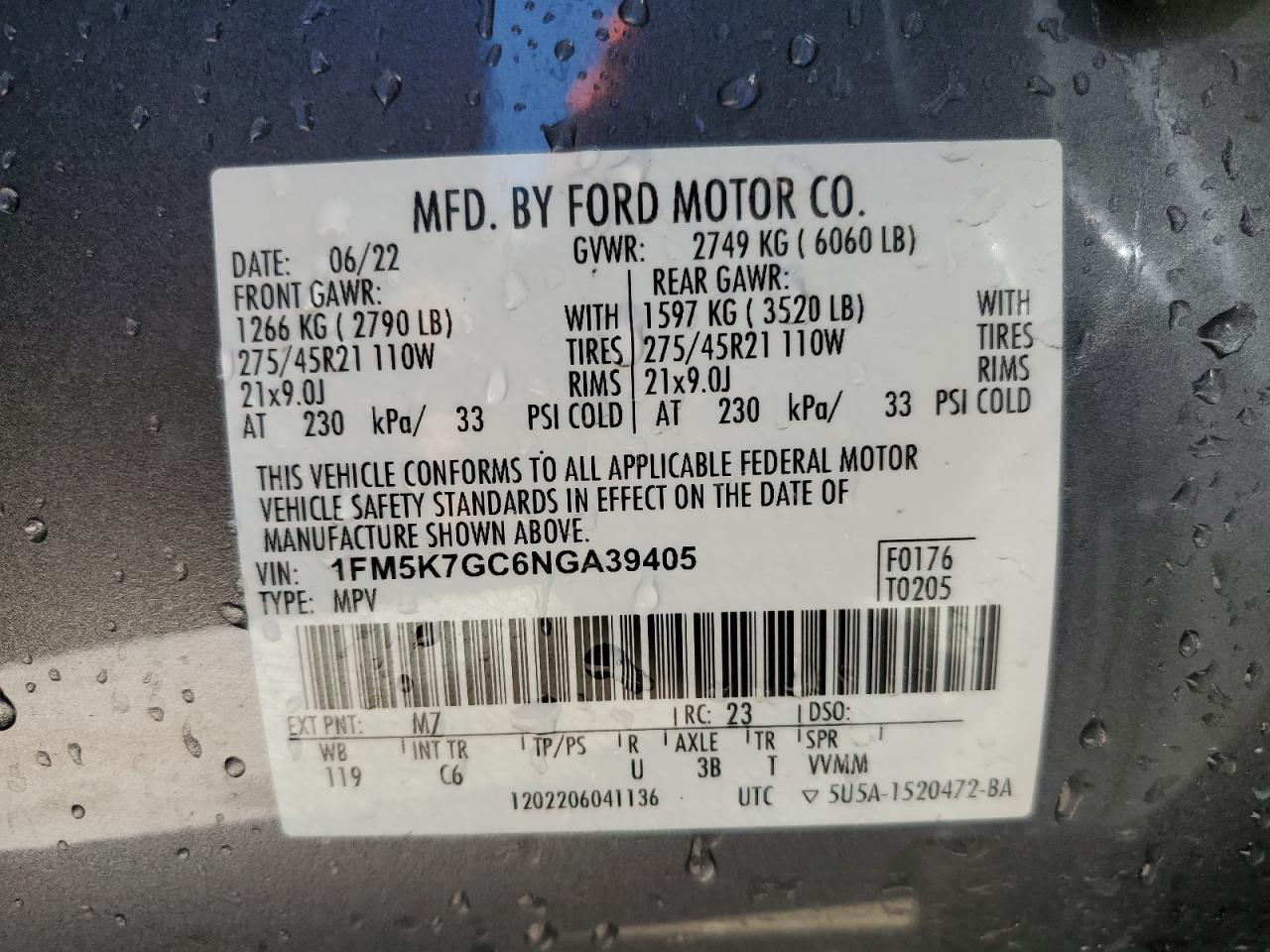2022 FORD EXPLORER ST VIN:1FM5K7GC6NGA39405