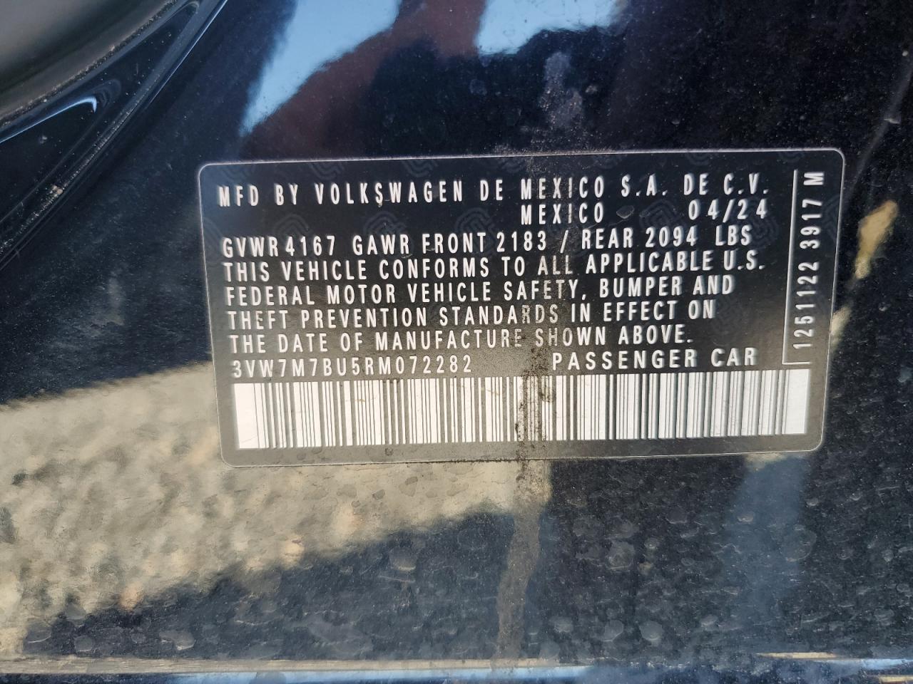 2024 VOLKSWAGEN JETTA SE VIN:3VW7M7BU5RM072282